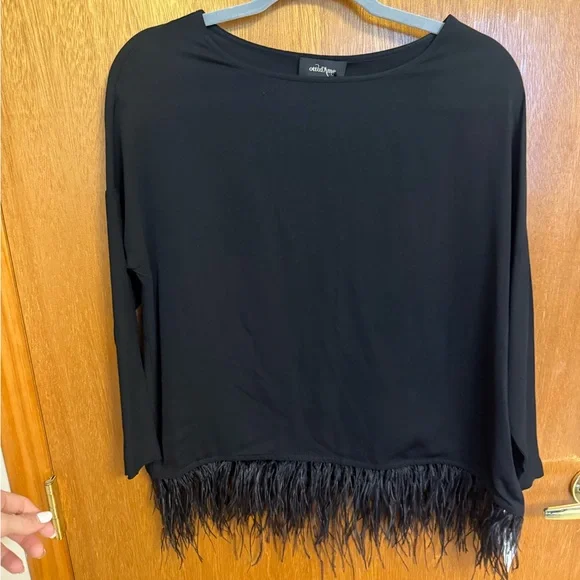 Elegant Black Long Sleeve Blouse with Feather Detail - Picture 3 of 11